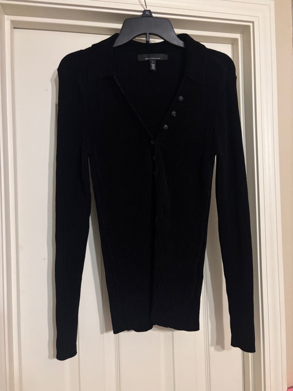 Black Ribbed with Sparkling Button-Accent Long Sleeve Top women’s large